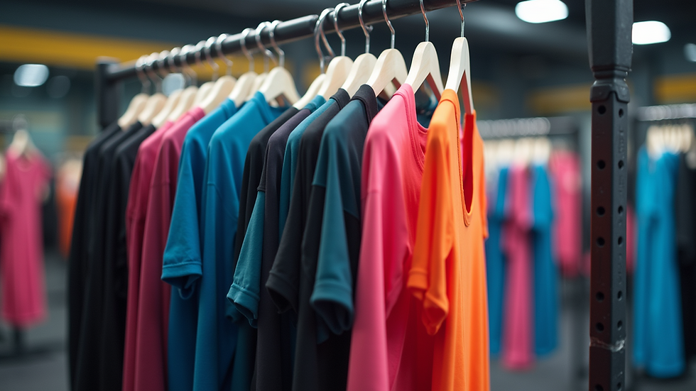 Eye-level view of a gym rack with colourful active wear neatly arranged