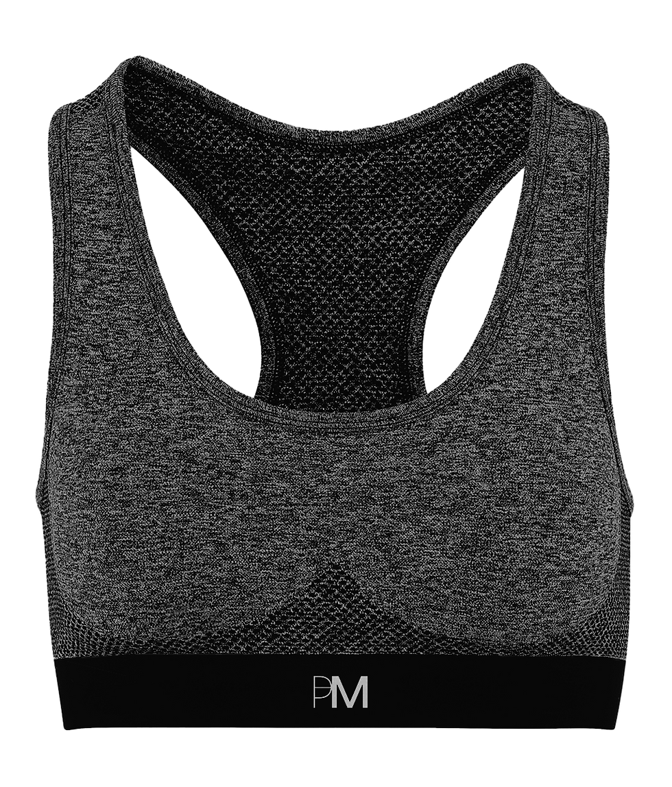 Gray sports bra with PM logo and Protein Mama Gym Wear for performance.