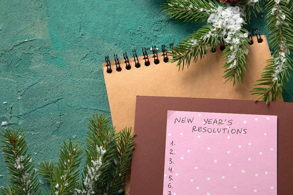 Notepad with "New Year's Resolutions" on pink paper, blank list, surrounded by snow-dusted pine branches on a green textured surface.