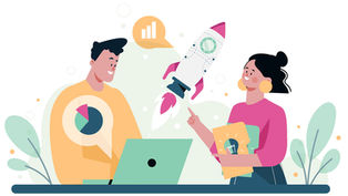 Two employees discuss ideas as a rocket launches, representing boosting engagement