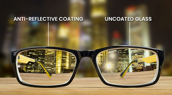 Graphic show comparison of anti-reflective coating vs uncoated lenses