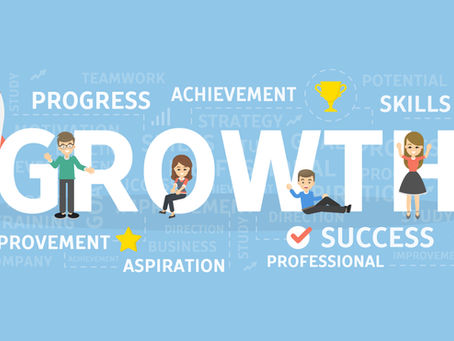 Blue growth infographic with rocket, cartoon people, and large GROWTH text amid words like progress, success, skills, teamwork.