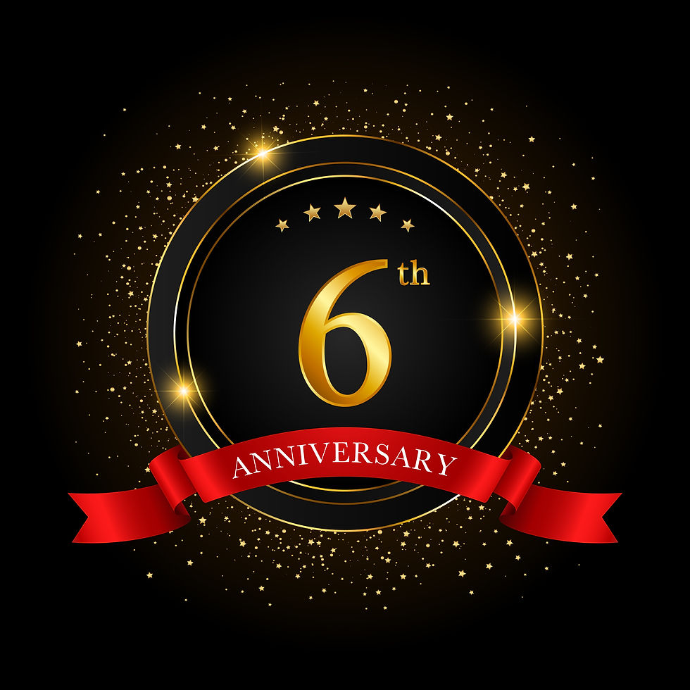 Gold 6th anniversary emblem with stars on a black background and a red ribbon labeled ANNIVERSARY