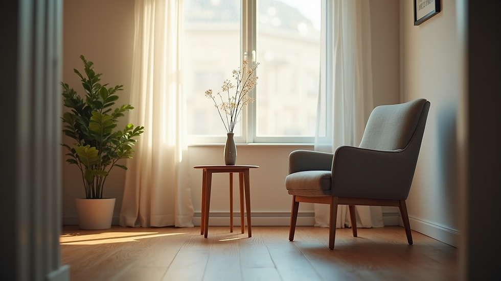 Eye-level view of a quiet counselling room with a comfortable chair and soft lighting