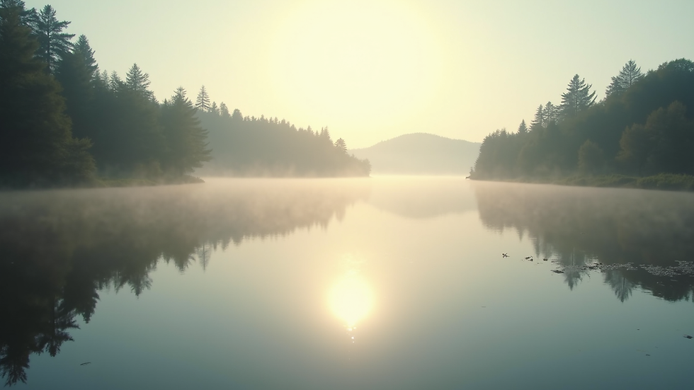 Eye-level view of a calm lake reflecting soft morning light