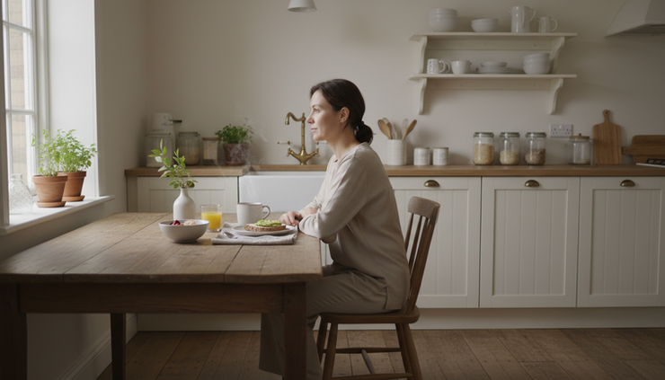 Eye-level view of a person sitting quietly at a kitchen table with a cup of tea and a simple meal.