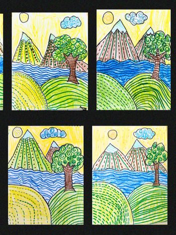 Eight colorful landscape drawings of mountains, water, trees.