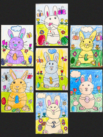 Seven children's drawings of colorful Easter bunnies
