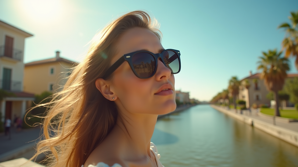Eye-level view of a person wearing sunglasses outdoors on a sunny day