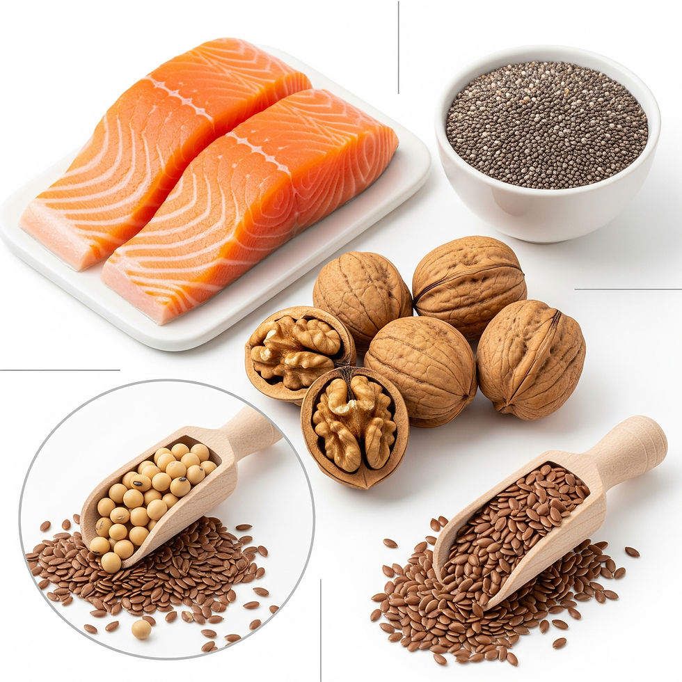 A collage of foods rich in Omega-3s, including salmon and walnuts, representing a healthy diet for managing Dry Eye Syndrome.