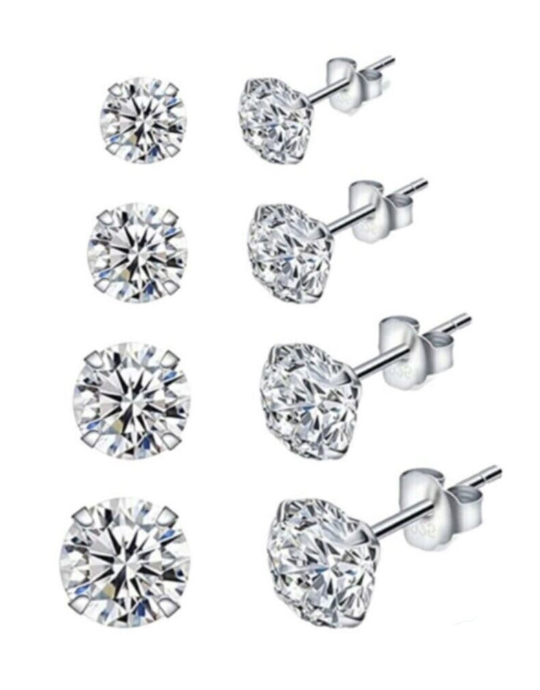 Küçük resim: 4 Çift (İki Kulak Için) 925 Ayar Zirkon Tek Taşlı Yuvarlak Küpe (3 Mm, 4mm, 5mm,