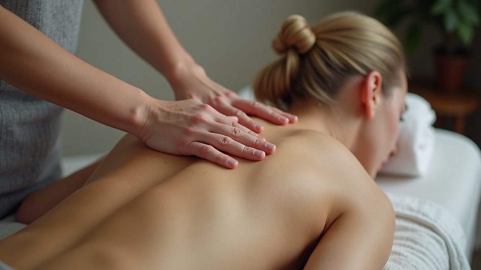 Close-up view of massage therapist’s hands applying pressure on a client’s back