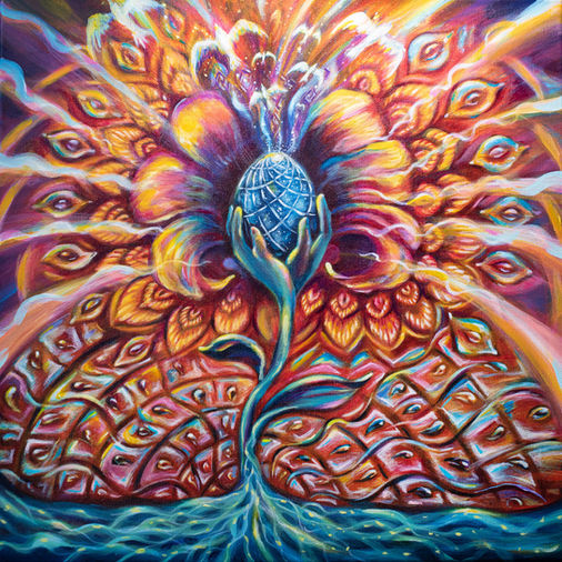 Auf diesem Acrylgemälde sind Hände zu sehen, die einen Blumenstengel bilden und eine Blume halten, die in ihrer Mitte ein Ei ist und aus diesem Ei fliegen weisse Vögel in den Himmel. Intensive leuchtende Farben, psychedelischer Stil
