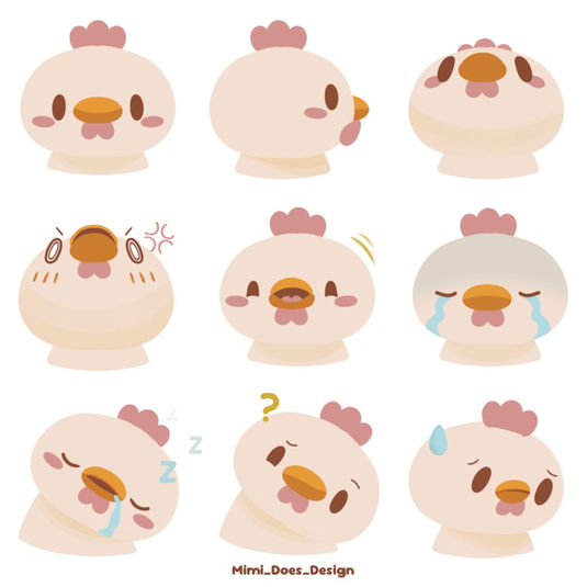 A chicken character portraying different facial expressions.
