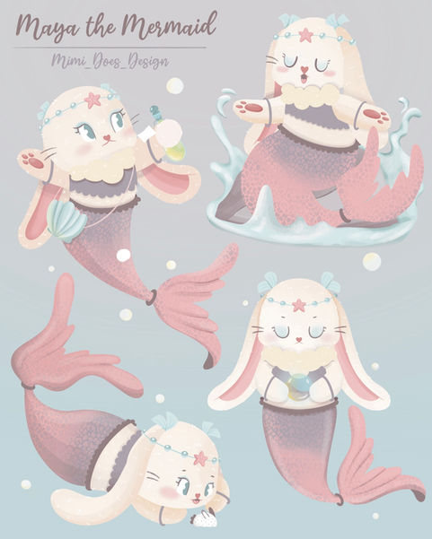 Coloured version of bunny mermaid on different poses.