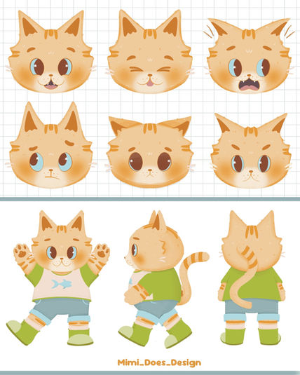 A character turnaround sheet of Cove the cat along with 6 facial expressions.