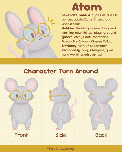 A character turnaround sheet of Atom the mouse.