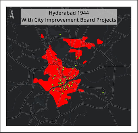 Hyderabad, India City Improvement Board Projects and 1944 city extent