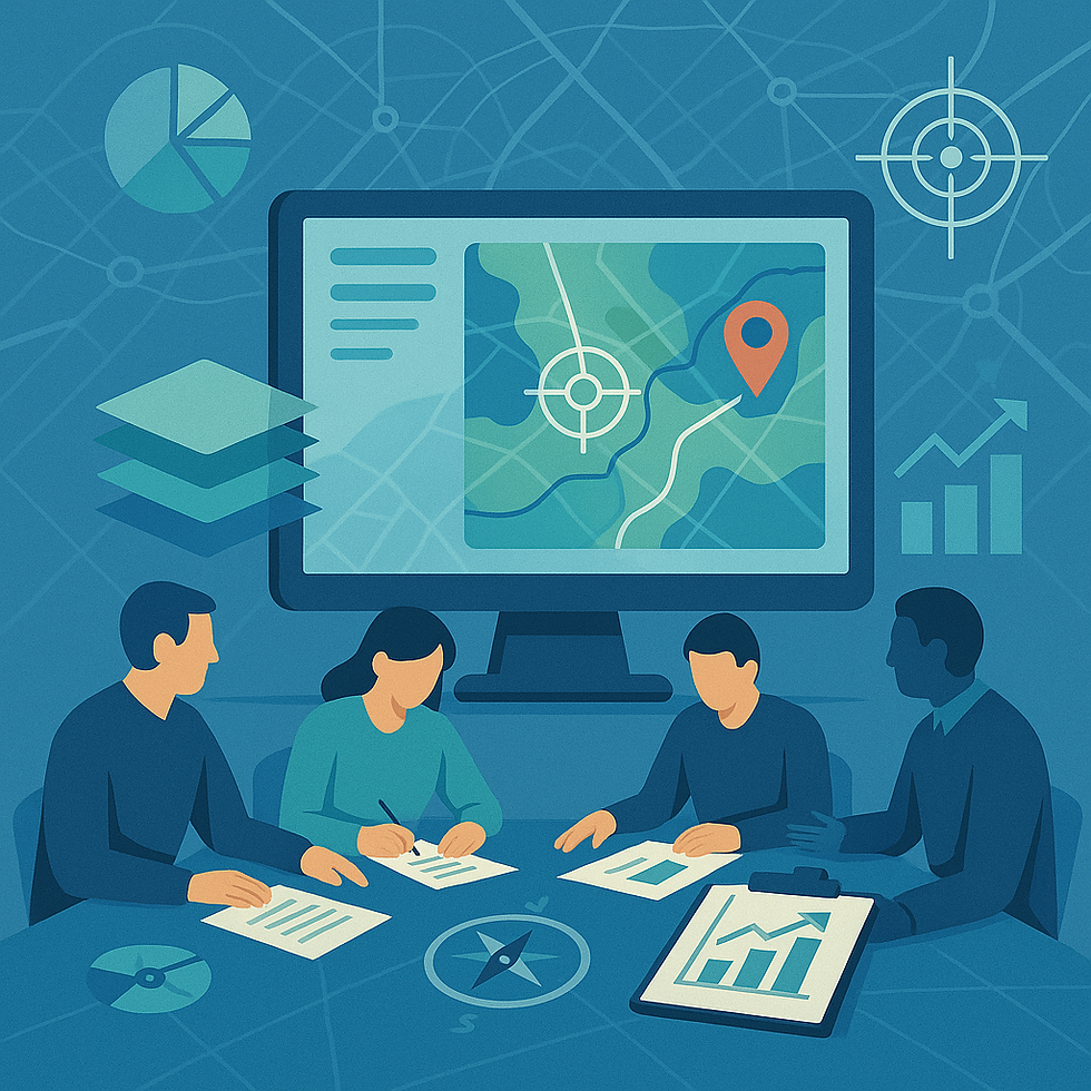 Ai generated cartoon image of people sitting around a table strategic planning with a computer map in the background.
