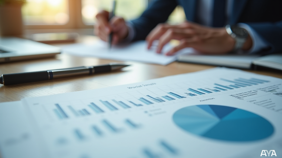 Close-up view of a financial planner's desk with investment charts