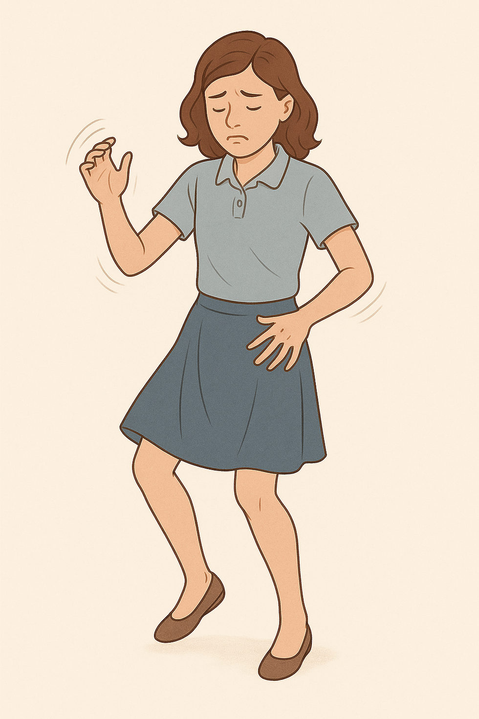 Figura. Representação de Pré-adolescente com coreia de Sydenham. Os pacientes com coreia de Sydeham apresentam movimentos coreiformes irregulares de membros superiores e inferiores, postura instável com hipotonia axial e labilidade emocional.