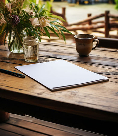 Notepad and pencil on table in tropical setting