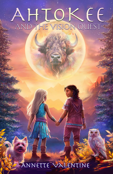 A Native American boy and a blond girl hold hands in front of a Buffalo moon