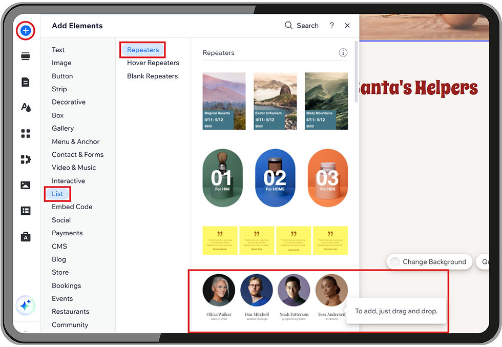 The Repeaters options in the Add Elements panel in the Wix Editor