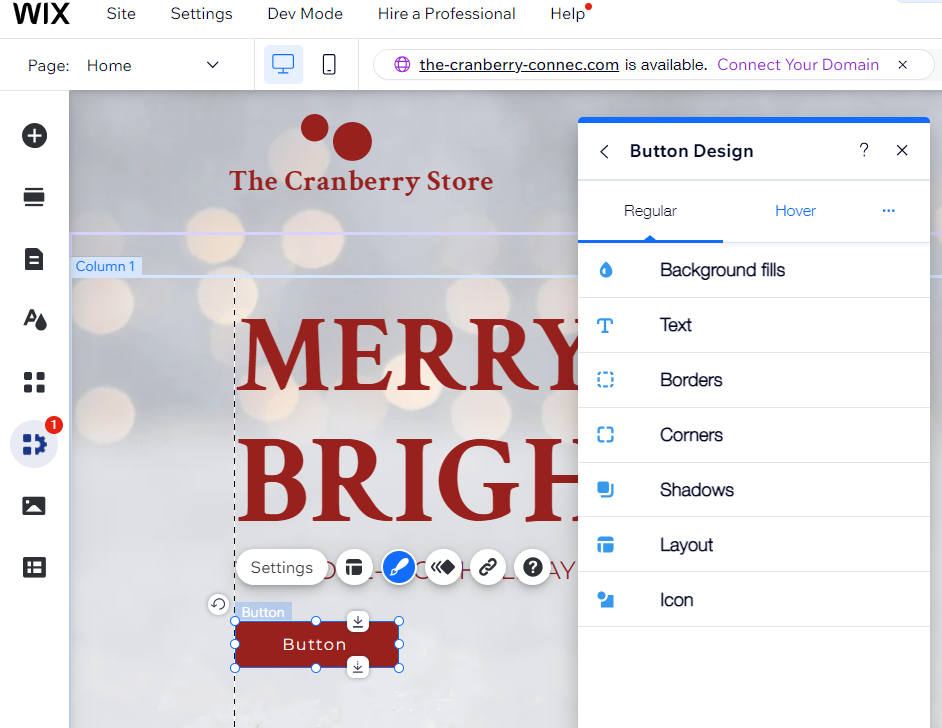 Showing the Button Design panel in Wix Editor