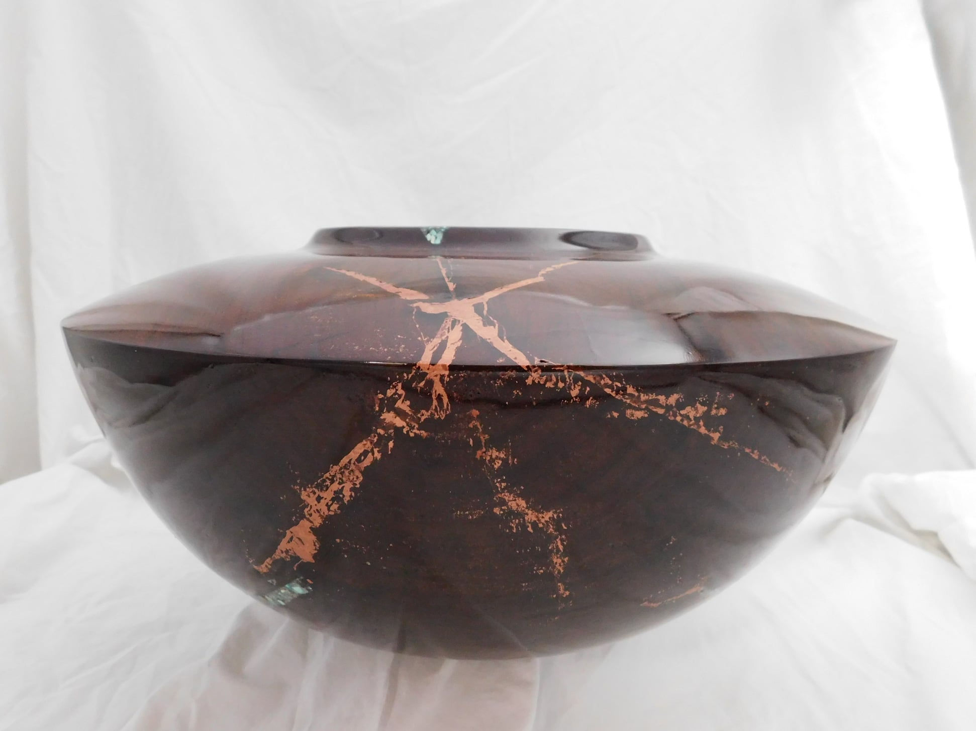 Large Walnut Vessel with Copper Inlays