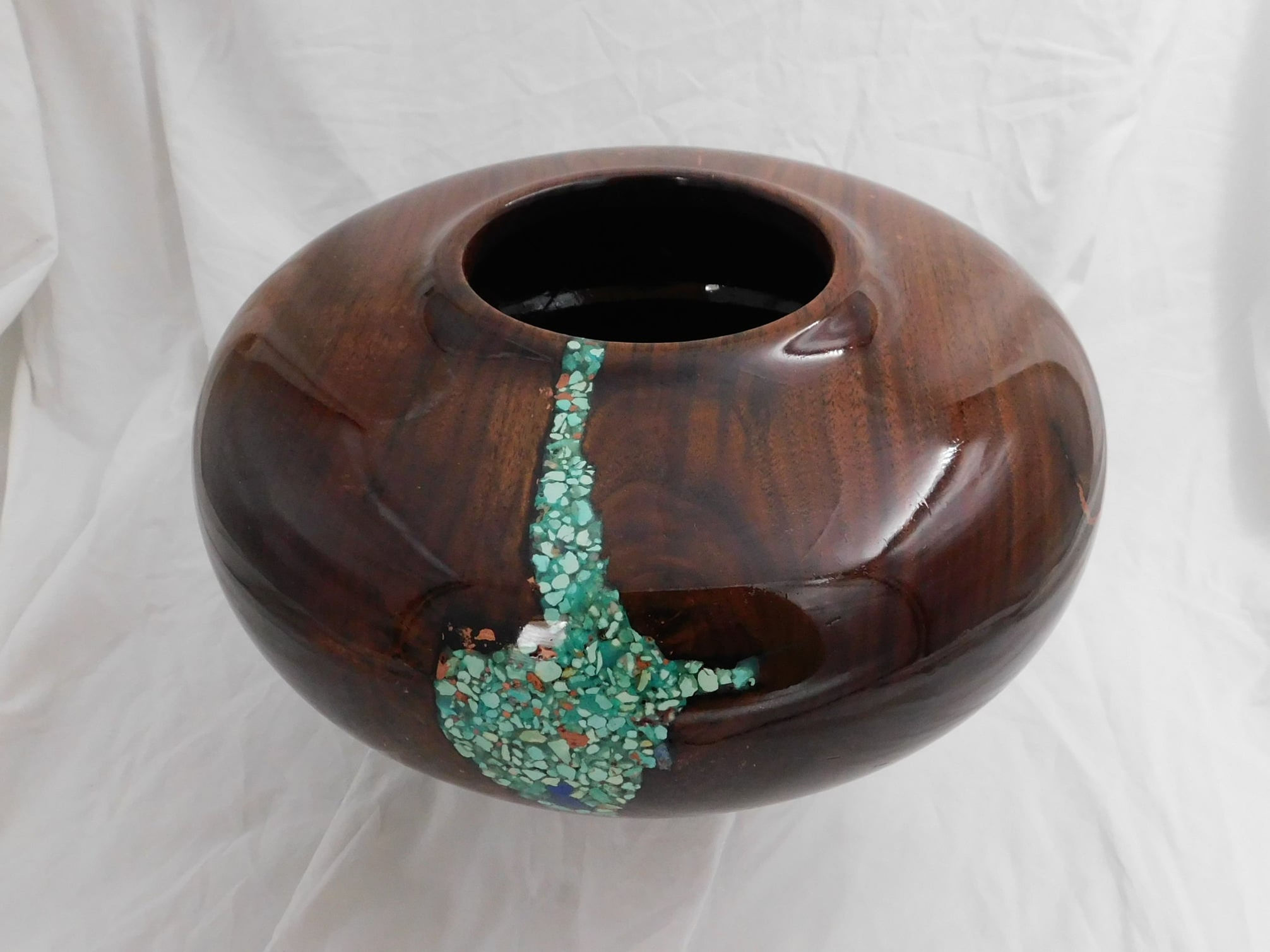 Walnut Vessel with Turquoise and Copper Inlays