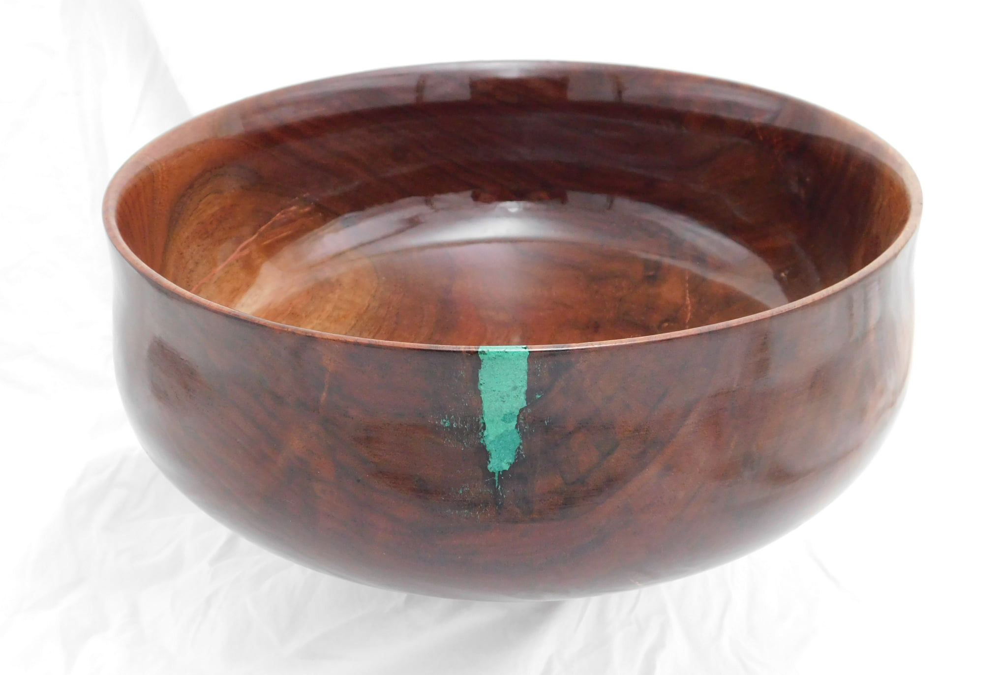 Large Walnut Bowl with Malachite and Copper Inlay