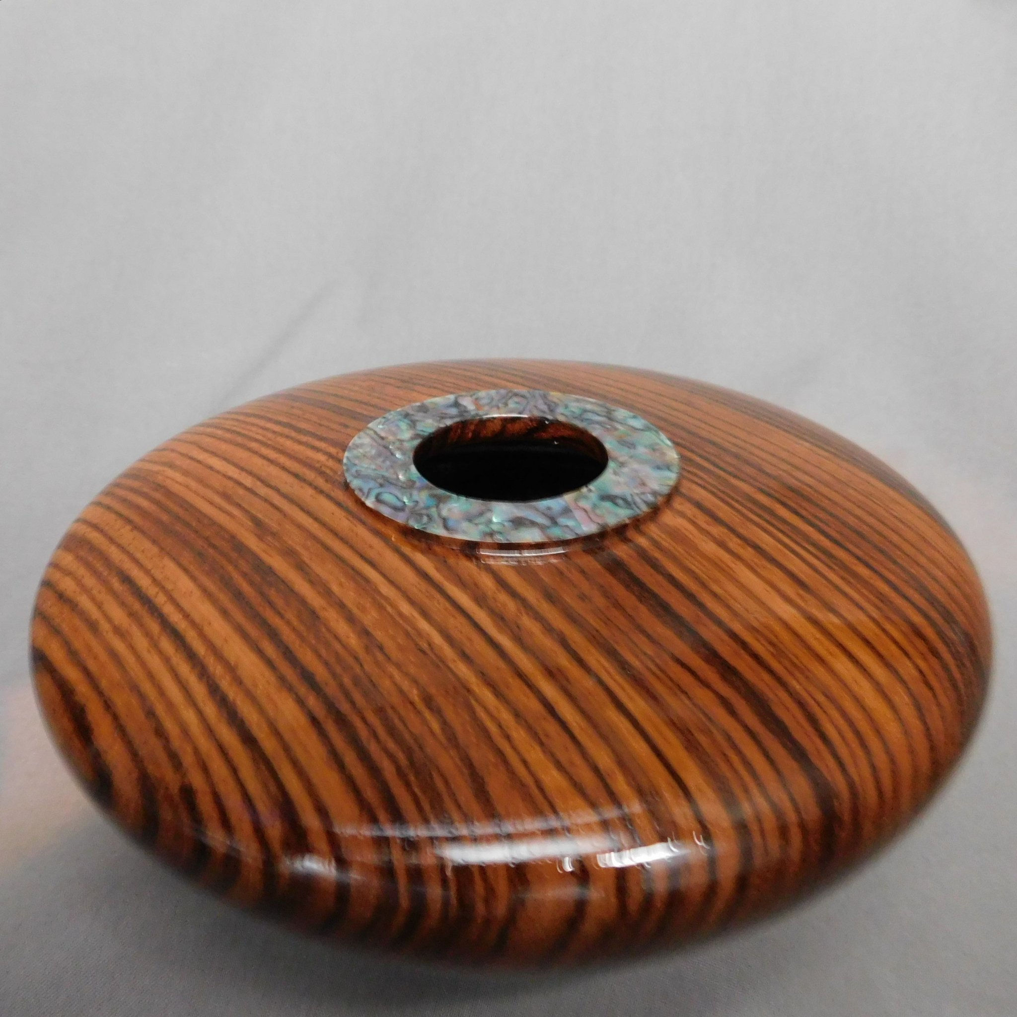 Zebrawood Vessel with Abalone Rim