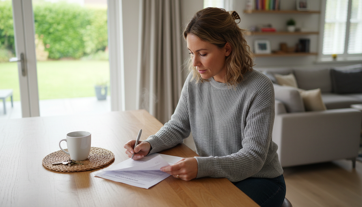 Eye-level view of a homeowner reading paperwork at a kitchen counter beside a cup of coffee.