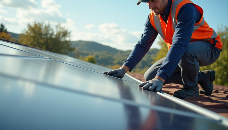 Close-up view of a solar panel installation technician inspecting panels on a roof