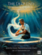 Man kneeling by a glowing pool with swirling water beneath stars. Text: The Deep End, Unblocking Creativity, event details, website info.
