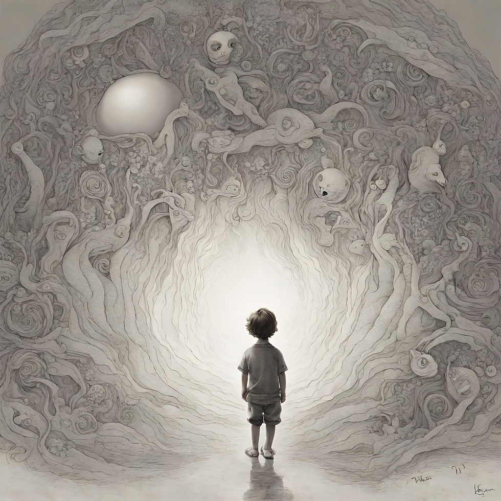 a boy standing in front of an imaginary tunnel of light