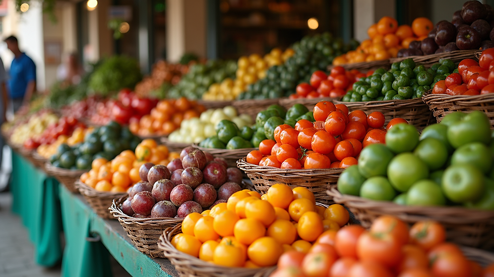 Wide angle view of a vibrant Mediterranean market filled with fresh produce