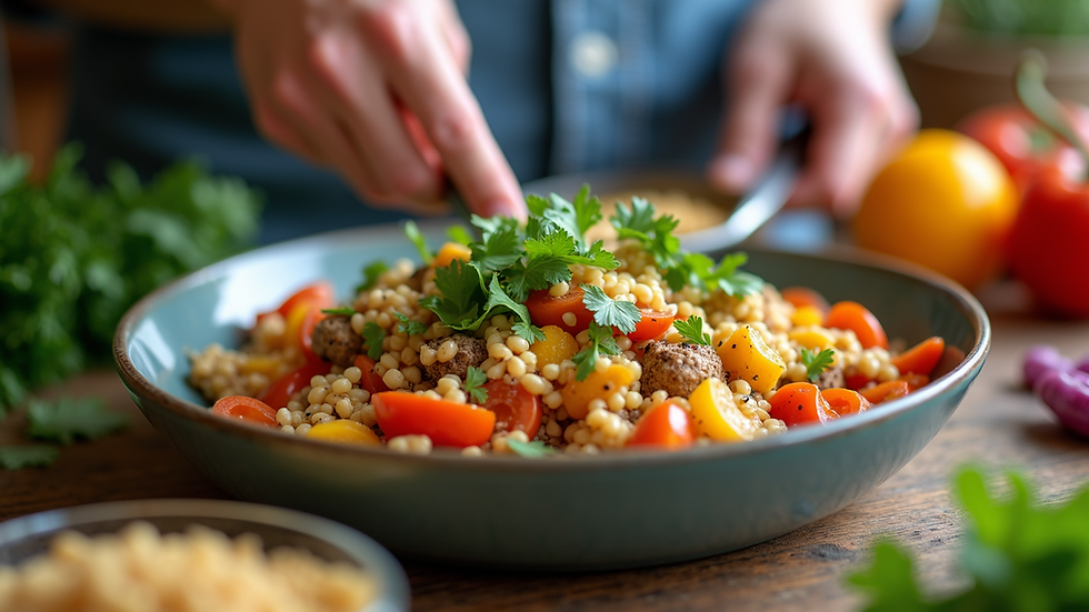 Close-up view of a healthy meal prep with colorful vegetables and grains