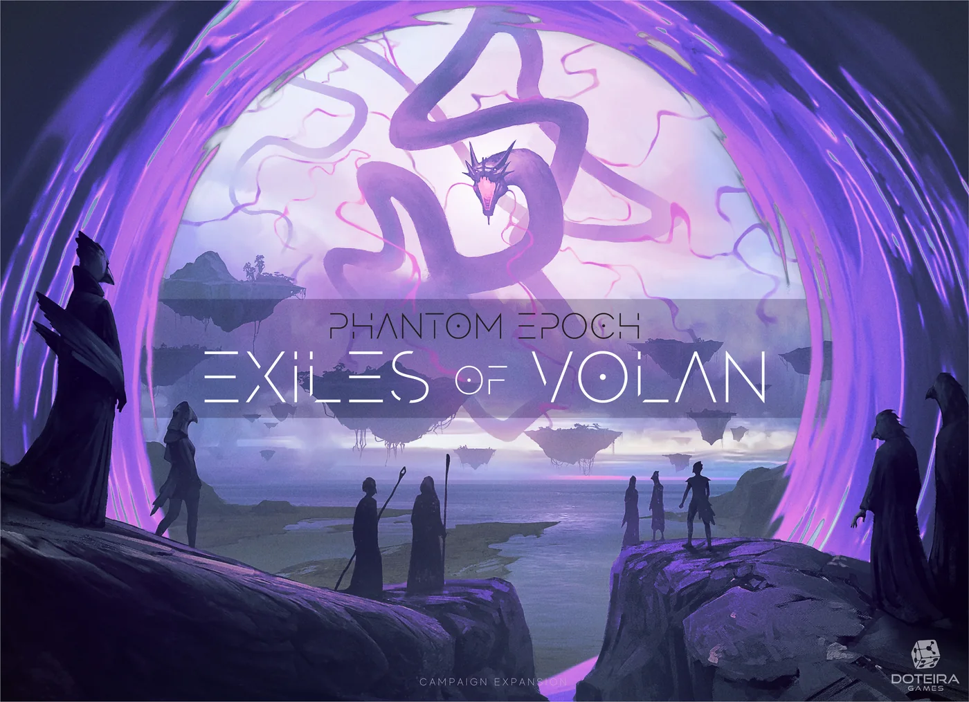 Exiles of Volan cover: a crew faces an immense dragon through a violet portal