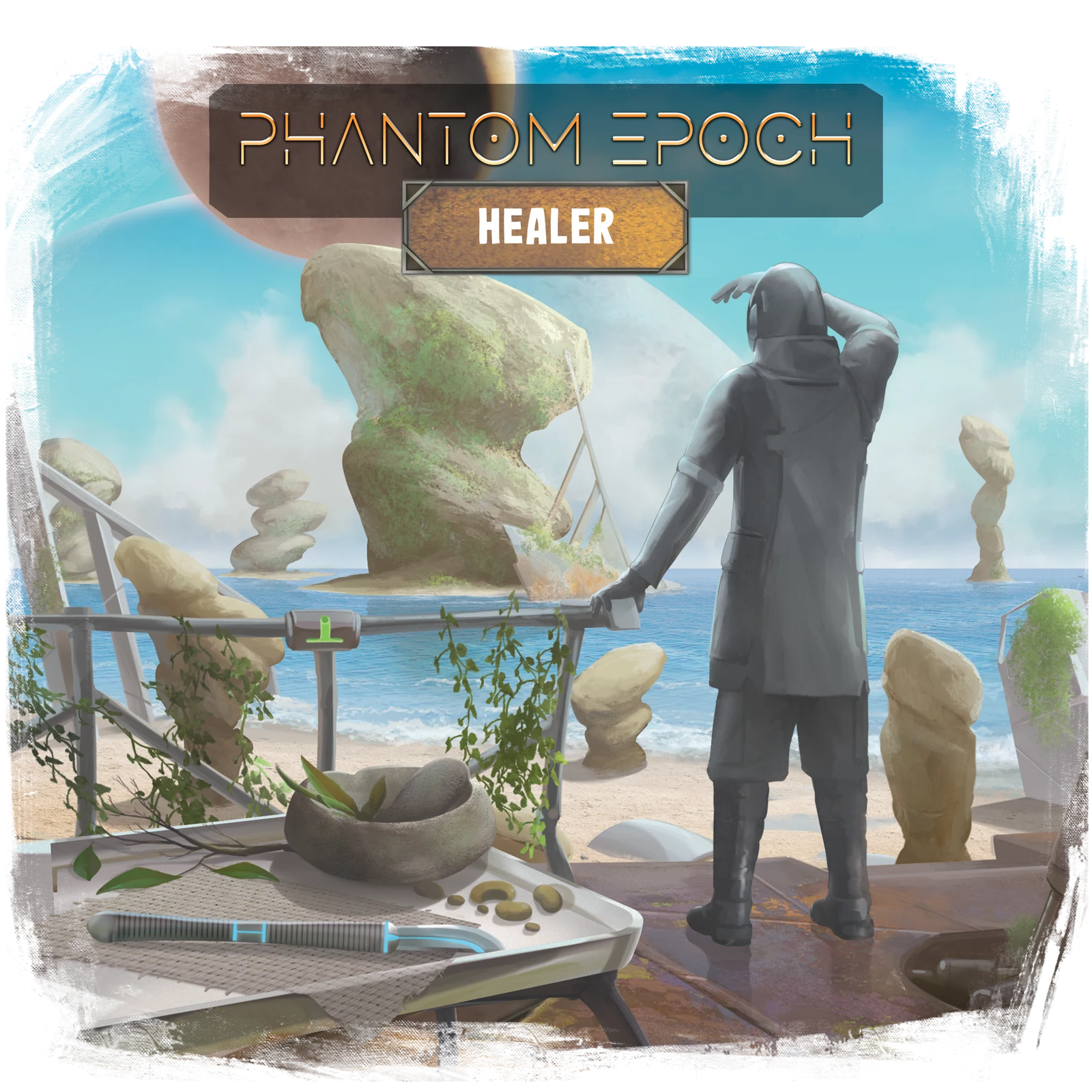 Healer class artwork: a suited figure overlooking an alien shoreline