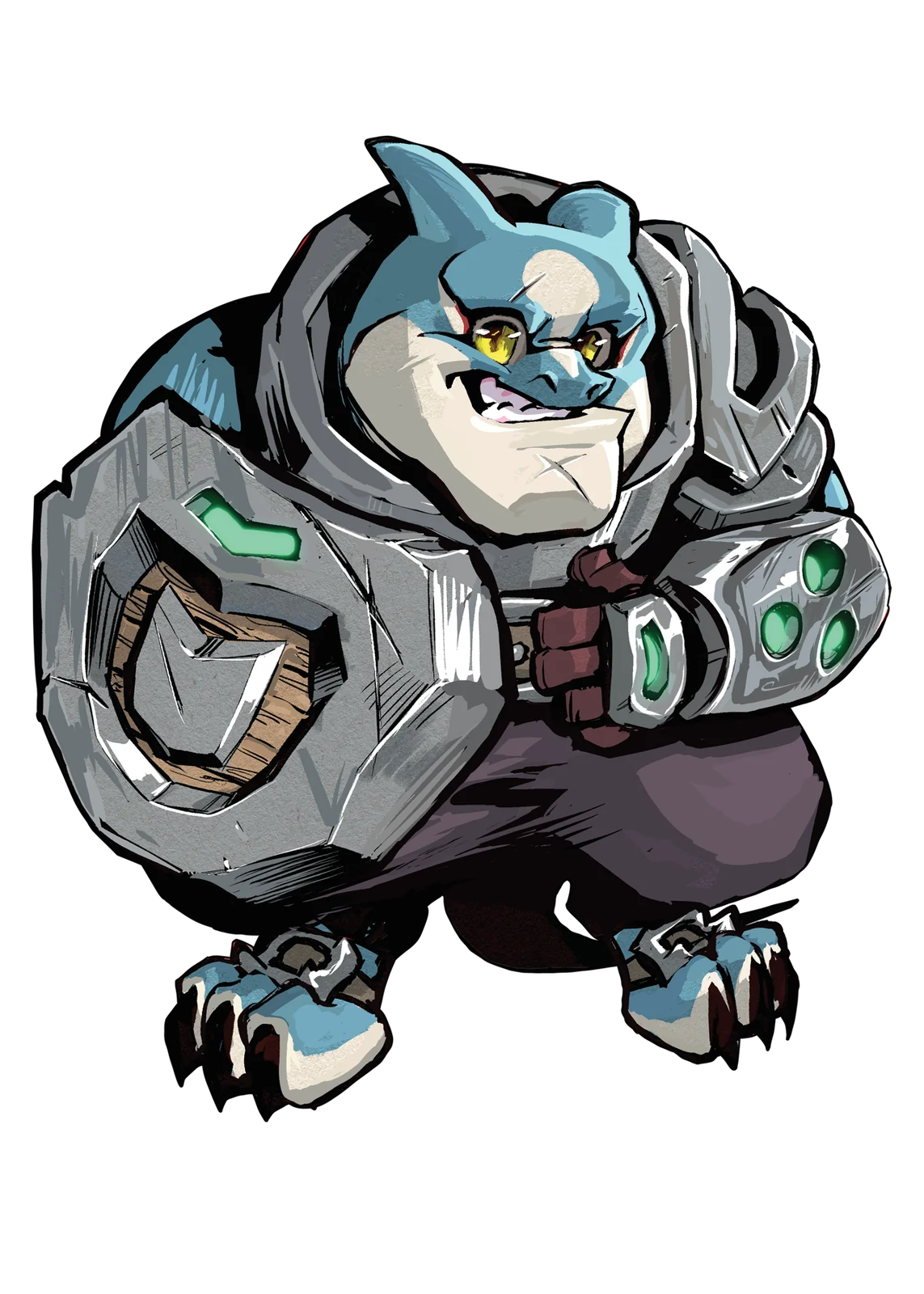 Kell, a blue armoured hero carrying a shield