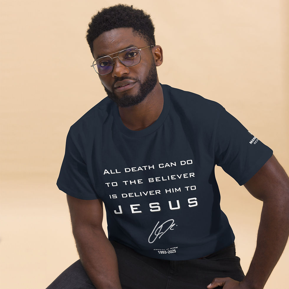Thumbnail: 'All Death Can Do' Charlie Kirk Quote Unisex Classic Tee_front | navy