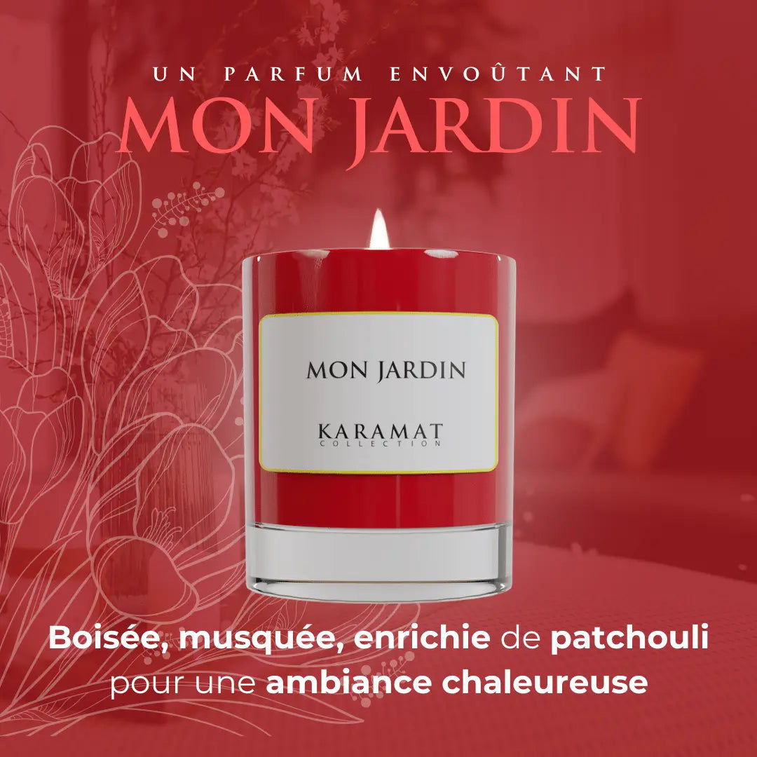 Bougie parfumée Mon Jardin Karamat aux notes boisées, musquées, patchouli.