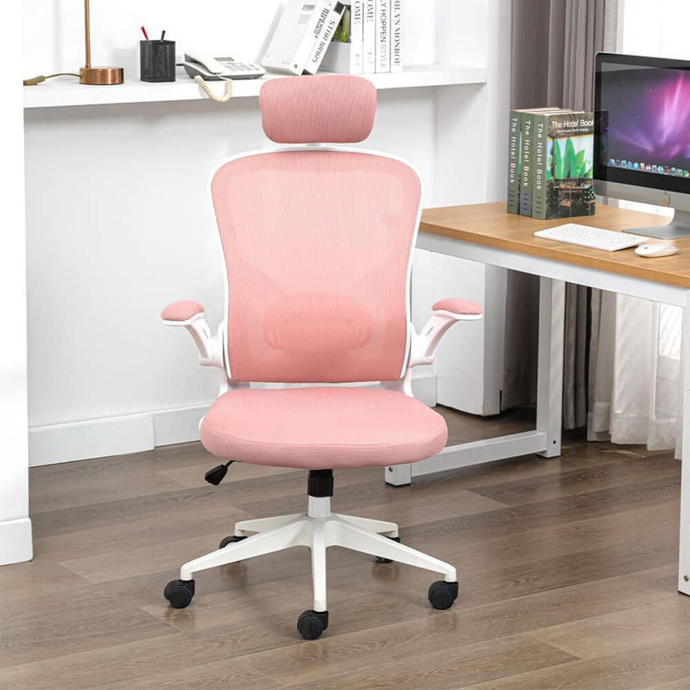 Chaise de bureau ergonomique rose avec appui-tête