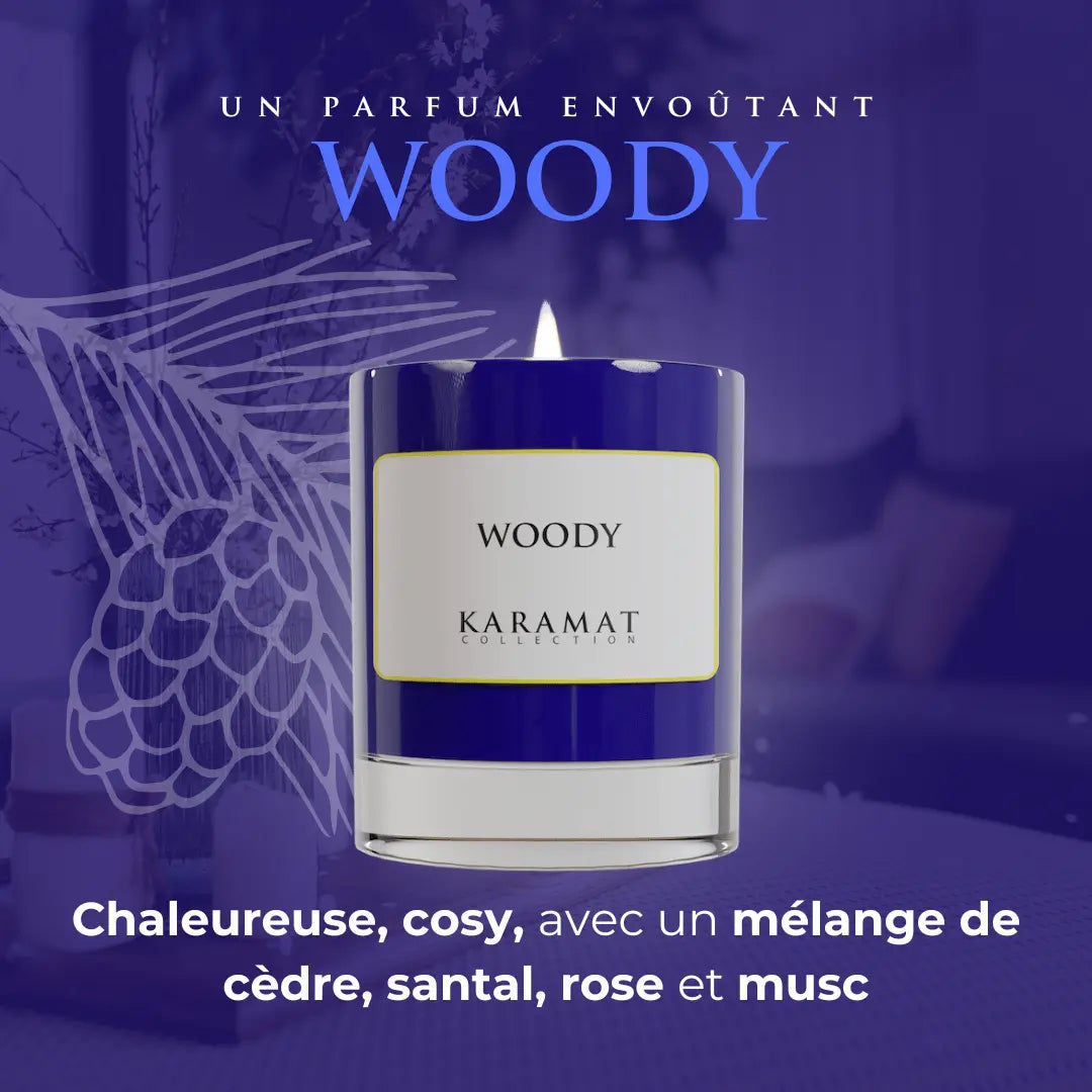 Bougie parfumée Woody Karamat, notes de cèdre, santal, rose et musc