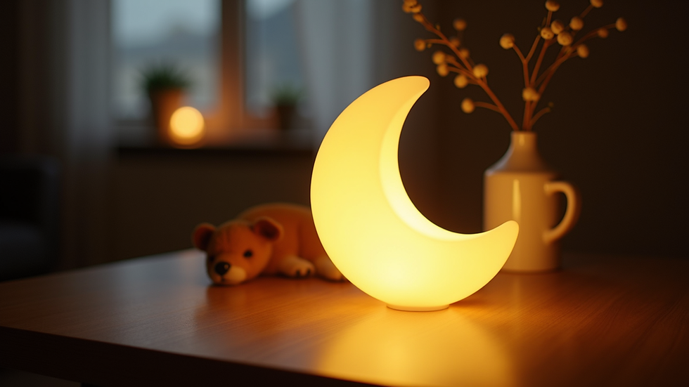 Vue en plongée d’une lampe en forme de lune allumée sur une table de chevet