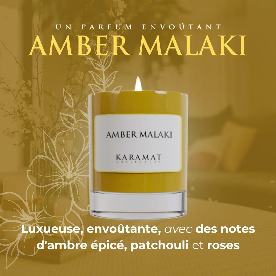 Bougie parfumée Amber Malaki, ambre, patchouli, roses.