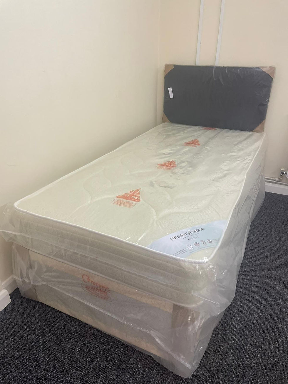 Thumbnail: SINGLE OXFORD SEMI-ORTHOPAEDIC MATTRESS WITH DAMASK DIVAN BASE AND HEADBOARD