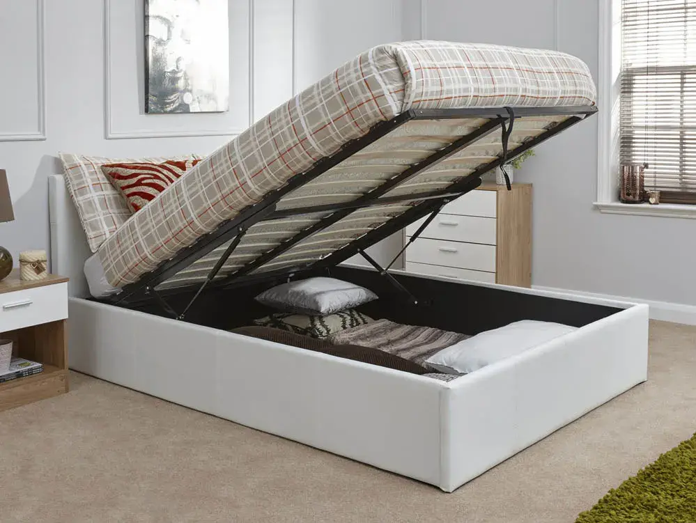 4 FOOT - END LIFT WHITE FAUX LEATHER OTTOMAN STORAGE BEDSTEAD